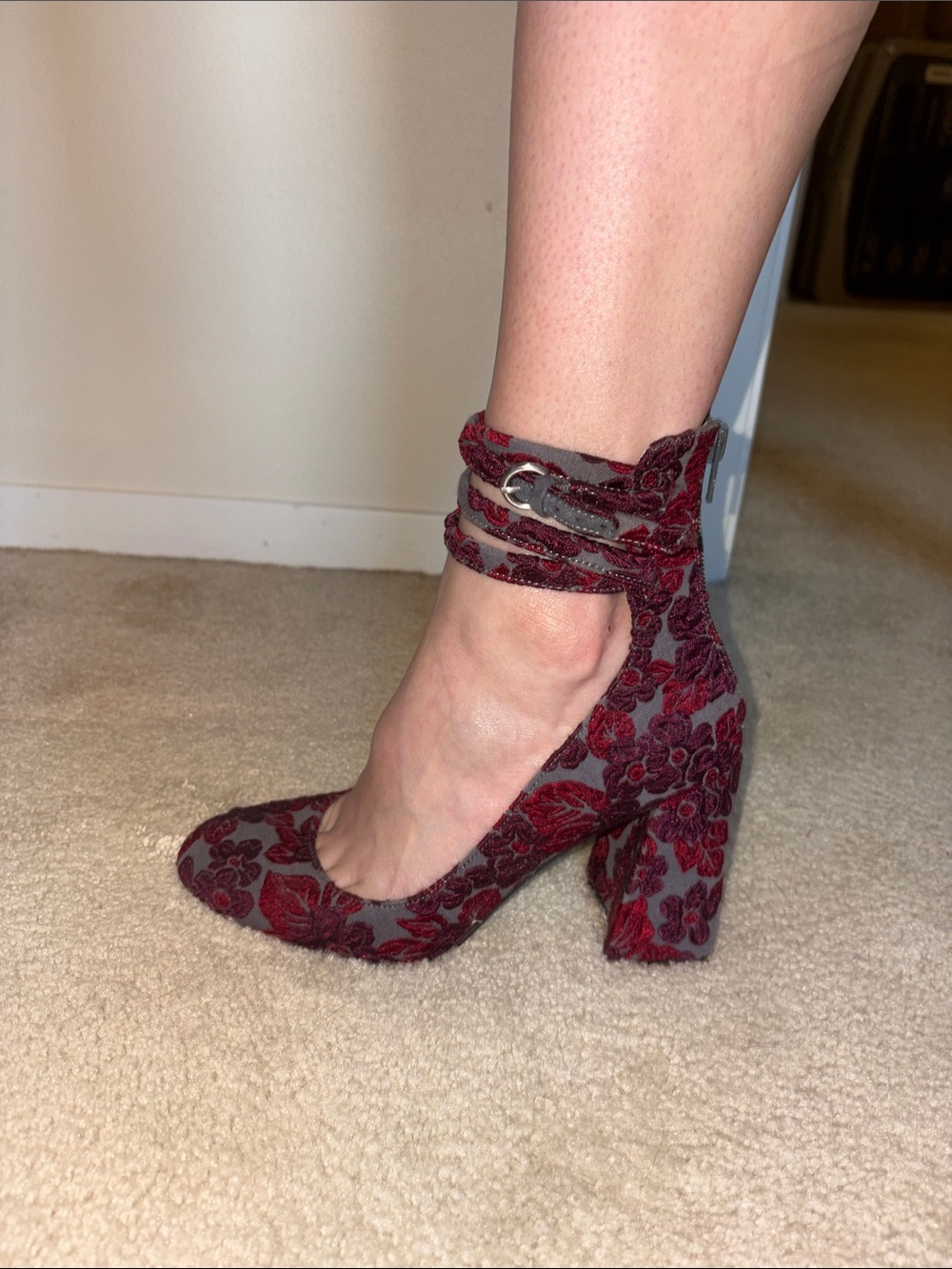 Women's Burgundy Floral Velvet Ankle-Strap Block Heel